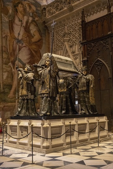 Sarcophagus of Christopher Columbus in the interior of the Cathedral of Santa Maria de la Sede in Seville, Andalusia, Spain, Europe