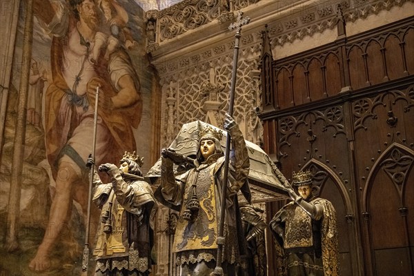 Sarcophagus of Christopher Columbus in the interior of the Cathedral of Santa Maria de la Sede in Seville, Andalusia, Spain, Europe