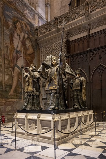 Sarcophagus of Christopher Columbus in the interior of the Cathedral of Santa Maria de la Sede in Seville, Andalusia, Spain, Europe