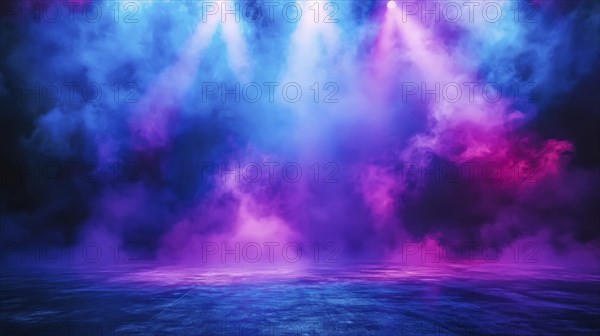 A dreamy, ethereal stage with soft colorful spotlights and smoke, AI generated