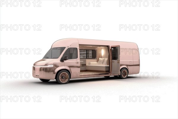 Modern pink van with a luxurious, sleek design and a cozy, well-lit interior, AI generated