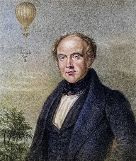 Edward Spencer (born 1799), English lawyer who accompanied the balloonist Charles Green on many ascents. On 24 July 1837, a balloon piloted by Green and Spencer ascended from Vauxhall Gardens in London. The painter and amateur scientist Robert Cocking ascended with them to test his new parachute. Cocking left the balloon at an altitude of 5, 000 feet (1, 524 metres) and began his fatal parachute jump. Lithograph 1839, Historical, digitally restored reproduction from a 19th century original, Record date not stated