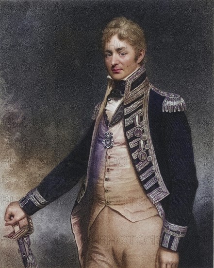 Thomas Troubridge (ca. 1758-1807) English naval officer who rose to the rank of rear admiral. Joined the Royal Navy in 1773 and served in the East Indies, at the Battle of Cape St Vincent and in Abukir Bay. In 1807 his ship sank off Madagascar and he and his entire crew perished. From the National Portrait Gallery by James Jerdan (London, 1830) ., Historic, digitally restored reproduction from a 19th century original, Record date not stated