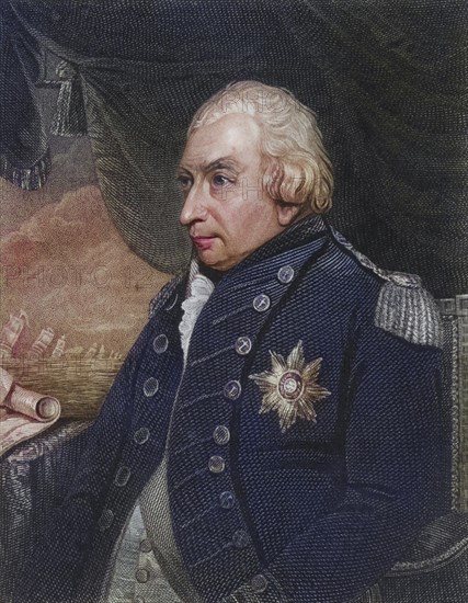 John Jervis, Earl St Vincent (1735-1823), born in Meaford, Staffordshire. English naval officer who joined the Royal Navy in 1749 and reached the rank of admiral. Commander-in-chief of the British Mediterranean fleet (1796-1799) and made Earl St Vincent for defeating the Spanish fleet off Cape St Vincent. First Lord of the Admiralty in 1801. Retired in 1811. From the National Portrait Gallery by James Jerdan (London, 1830) ., Historic, digitally restored reproduction from a 19th century original, Record date not stated