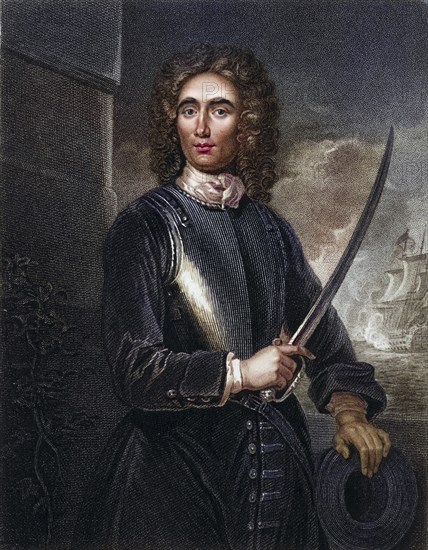 John Benbow (1653-1702) English naval commander, born in Shrewsbury, Shropshire. Vice-admiral in 1701, he encountered superior French forces under Du Casse in the West Indies off Santa Marta on 19 August 1702. His leg was shattered by chain bullets and he was abandoned by his captains. He succumbed to his injuries in Jamaica in October. He is remembered as the brave Benbow . Copper engraving after a portrait by Godfrey Kneller, Historic, digitally restored reproduction from a 19th century original, Record date not stated