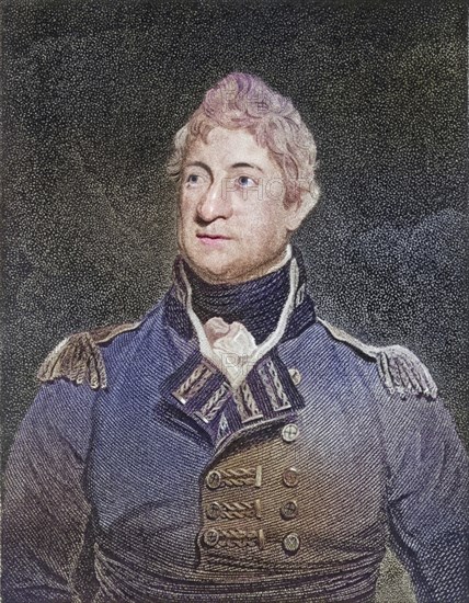 Thomas Picton (1758-1815), English soldier. In the campaign around the Iberian Peninsula he commanded the Fighting Division in Spain (1810) and distinguished himself at Busaco, Fuentes de Onoro, Badajoz and Vittoria. He was seriously wounded at Quatre Bras and died while leading his men in the attack at Waterloo. Dot engraving from History of the Wars Occasioned by the French Revolution... by CH Gifford (London, 1817), Historical, digitally restored reproduction from a 19th century original, Record date not stated