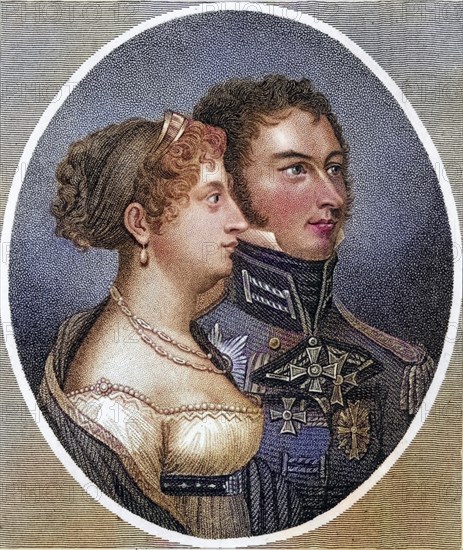 Princess Charlotte of Wales (1796-1817), only child of George IV of Great Britain and Caroline of Brunswick, with her man Leopold of Saxe-Coburg (1790-1865), later Leopold I of Belgium, whom she married in 1816. She was heir to the throne and universally loved, but died in 1817 while giving birth to a child. Dot engraving from History of the Wars Occasioned by the French Revolution... by CH Gifford (London, 1817), Historical, digitally restored reproduction from a 19th century original, Record date not stated