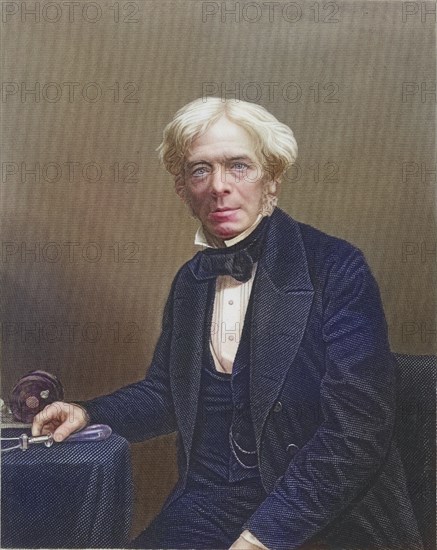 Michael Faraday (1791-1867) English chemist and physicist. In 1813 he became laboratory assistant to Humphry Davy at the Royal Institution in London. In 1833 he succeeded Davy as Professor of Chemistry at the Royal Institute of Science. Copperplate engraving, Historical, digitally restored reproduction from a 19th century original, Record date not stated