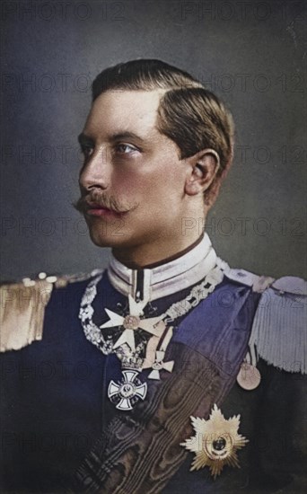 Wilhelm II (1859-1941) Emperor of Germany 1888-1918. Photographic portrait, published in London in 1887, in front of his father began his brief reign as Frederick II. From Two Royal Lives by Dorothea Roberts (London, 1887) . Woodbury type, Historic, digitally restored reproduction from a 19th century original, Record date not stated