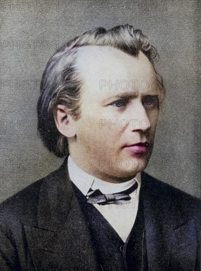 Johannes Brahms (1833-1897), German composer, in 1875, from a photograph. The caption reads: Johannes Brahms in friendly memory of Klara (and Fritz) Simrock, Historic, digitally restored reproduction from a 19th century original, Record date not stated