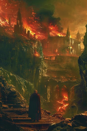 Dante viewing a city engulfed in flames during his journey into inferno, AI generated