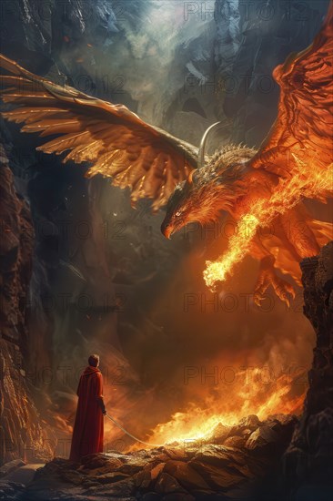 Dante crossing the path of a fire breathing griffon during his journey into inferno, AI generated