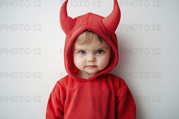 Boy child wearing red Halloween devil costume hoodie with horns in front of white background. Generative Ai, AI generated