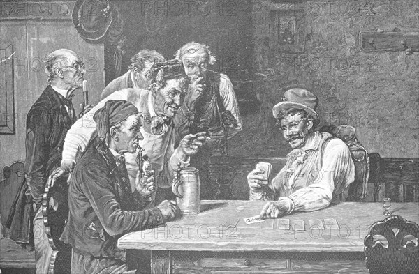 A man shows card tricks and five others watch enthusiastically, Scene in a pub around 1890, Germany, Historical, Digitally restored reproduction from a 19th century original, Record date not stated, Europe