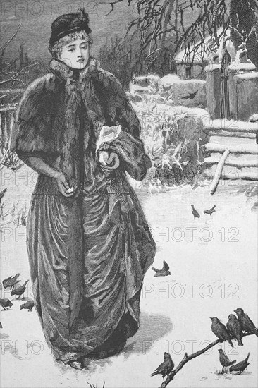 Woman feeding the wild birds in the park in winter, 1895, Germany, Historic, digitally restored reproduction from a 19th century original, Record date not stated, Europe