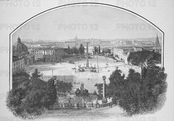 The Piazza del Popolo in Rome, seen from the terrace of Monte Pincio, 1895, Italy, Historical, digitally restored reproduction from a 19th century original, Record date not stated, Europe