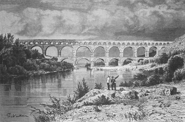 The aqueduct in Nimes, Pont du Gard, France, Historical, digitally restored reproduction from a 19th century original, Record date not stated, Europe