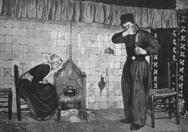 Woman sitting in front of a stove while a man blows his nose in embarrassment, shy suitor, Historical, digitally restored reproduction from a 19th century original, Record date not stated