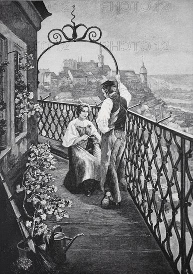 Couple standing on a balcony of the tower guard. A view of the city can be seen in the background, Historical, digitally restored reproduction from a 19th century original, Record date not stated