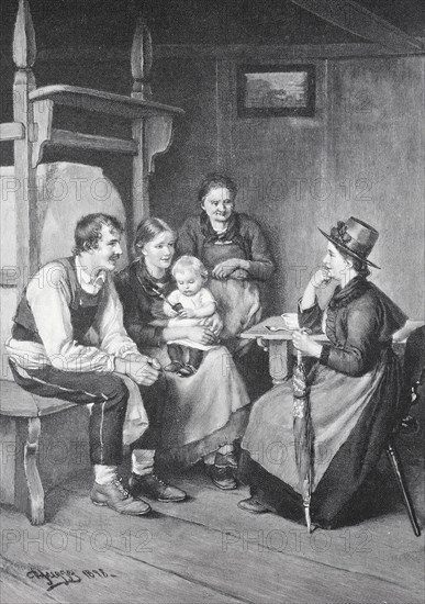 A family sits together in a cosy living room, a child is being held, visit from relatives, family, aunt, Historical, digitally restored reproduction from a 19th century original, Record date not stated