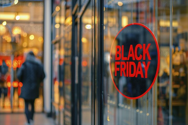 Round black advertisement sign with red text 'Black Friday' in shopping window. Generative AI, AI generated