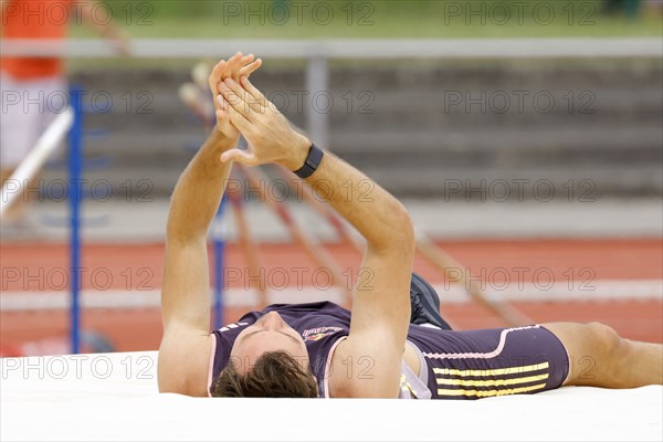 Niklas Kaul, German decathlete and Paris 2024 Olympian, during a triple competition as part of the Thorpe Cup 2024, pole vault, applauds himself after a successful attempt, Wetzlar, Hesse