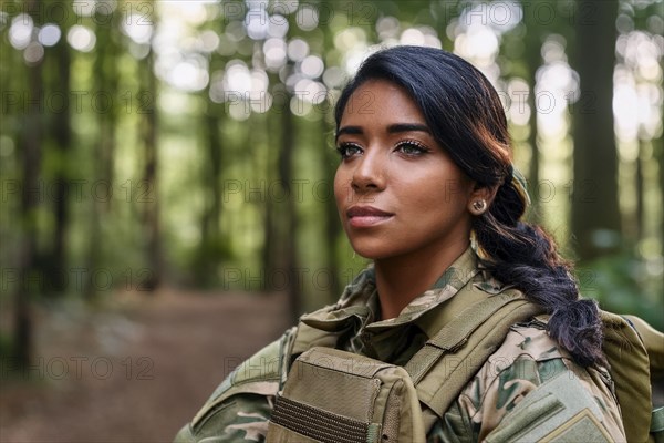 Woman in military uniform standing in the sunlight in a forest, AI generated, AI generated