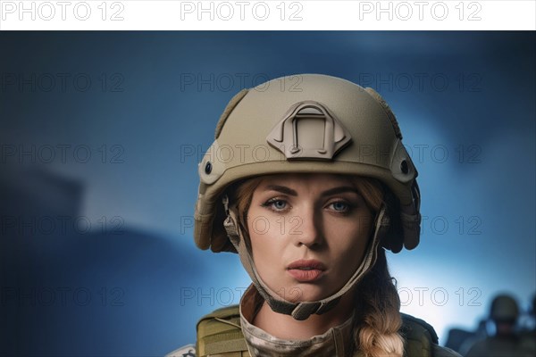 Portrait of a woman in military uniform and helmet in front of a blurred blue background, AI generated, AI generated