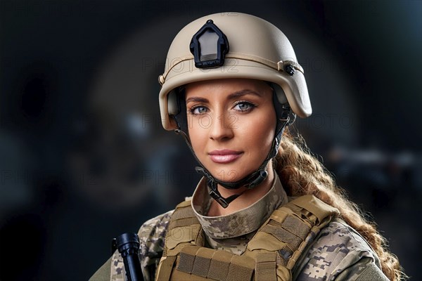 Portrait of a determined female soldier with helmet and uniform in front of a dark background, AI generated, AI generated