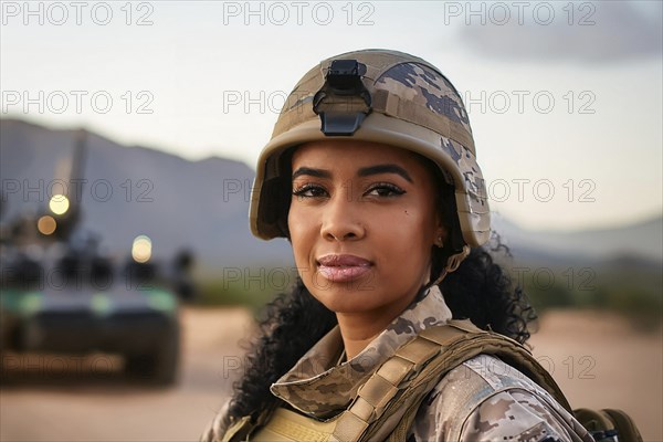 A determined female soldier in uniform and helmet in a desert landscape with a tank in the background, AI generated, AI generated