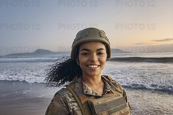 A cheerful female soldier in uniform and helmet stands smiling on a beach at sunrise, AI generated, AI generated