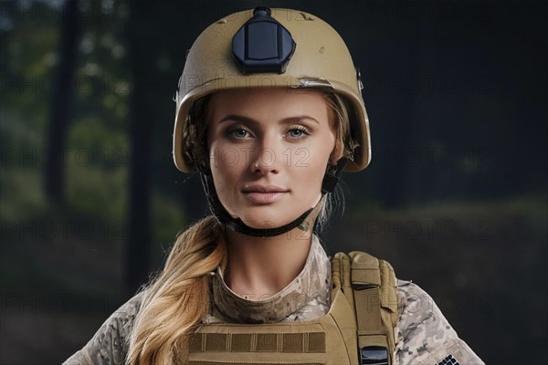 Portrait of a determined female soldier with helmet and uniform in front of a nocturnal forest background, AI generated, AI generated