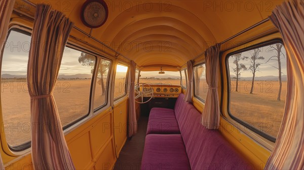 Retro van's interior with purple seats and curtained windows captures a sunset view, AI generated