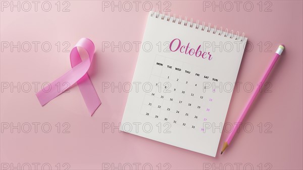 Top view of October calendar and a breast cancer awareness pink ribbon over a pastel pink background, AI generated