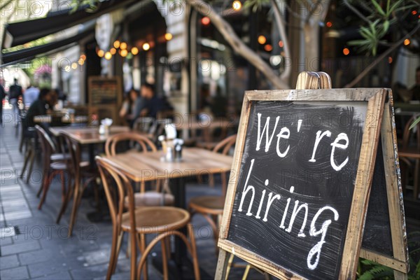 Chalkboard with English text saying 'We're hiring' at restaurant. Concept for labour shortag. Generative Ai, AI generated