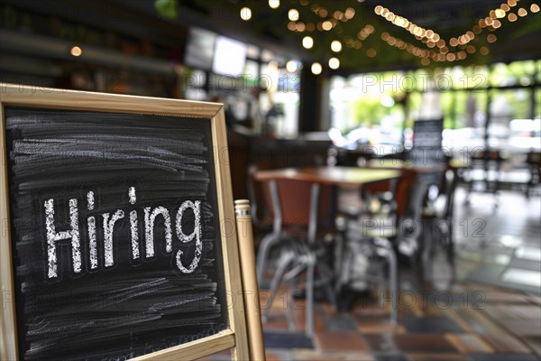 Chalkboard with English text saying 'Hiring' at restaurant. Concept for labour shortag. Generative Ai, AI generated