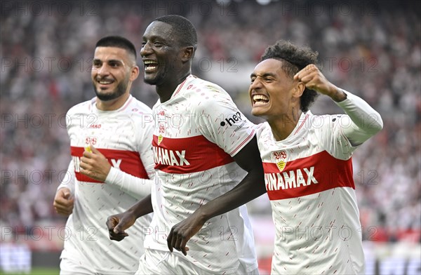 Goal celebration Serhou Guirassy VfB Stuttgart (09) with Enzo Millot VfB Stuttgart (08) and Deniz Undav VfB Stuttgart (26), MHPArena, MHP Arena Stuttgart, Baden-Württemberg, Germany, Europe