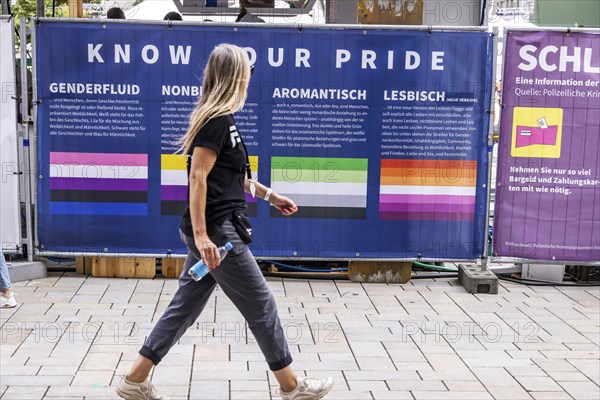 Banner with definition of terms: Genderfluid, Nonbinary, Aromantic or just Lesbian? A colour code for gender provides clarity, Christopher Street Day in Stuttgart, Baden-Württemberg, Germany, Europe