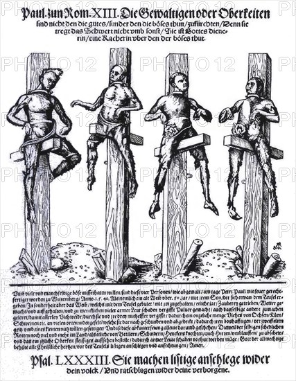 Burning of witches in Wittenberg, woodcut showing the burning of four persons as witches in Wittenberg in 1540 as a pamphlet for deterrence. According to contemporary witnesses, the victims are roasted alive on pillars in a particularly cruel manner by being set up on oak pillars, forged and miserably smoked and dried out with fire, like bricks. Historical, digitally restored reproduction from an original of the time