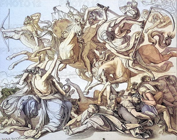 The sending of the four apocalyptic horsemen, in the 6th chapter of the Revelation of John as messengers of the approaching Apocalypse, the Last Judgement, one of the four last things, c. 1885, Historical, digitally restored reproduction of a 19th century original, The sending of the four apocalyptic horsemen, in the 6th chapter of the Revelation of John as messengers of the approaching Apocalypse, the Last Judgement, one of the four last things, c. 1885, Historical, digitally restored reproduction