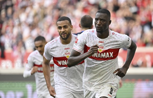 Goal celebration Serhou Guirassy VfB Stuttgart (09) Josha Vagnoman VfB Stuttgart (04) Enzo Millot VfB Stuttgart (08) MHPArena, MHP Arena Stuttgart, Baden-Württemberg, Germany, Europe