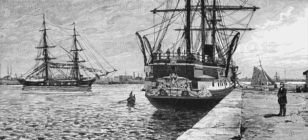 Two-master and three-master in the harbour of Bremerhaven, Lower Saxony, North Sea, Germany, name, Musquito, Sedan, Prince Albert, quay, historical illustration 1880, Europe