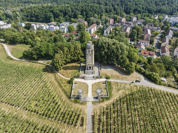 Aerial view of the Bismarck Tower on the Raiteberg in the northern part of the city of Constance, vineyards on Lake Constance, Constance County, Baden-Württemberg, Germany, Europe