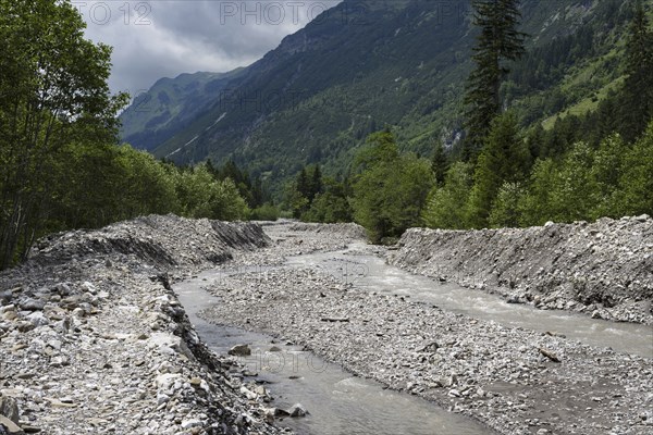 Illegal stream straightening in a nature reserve, Rappenalpbach in the Rappenalptal valley near Oberstdorf, AllgÃ¤u Alps, AllgÃ¤u, Bavaria, Germany, Europe