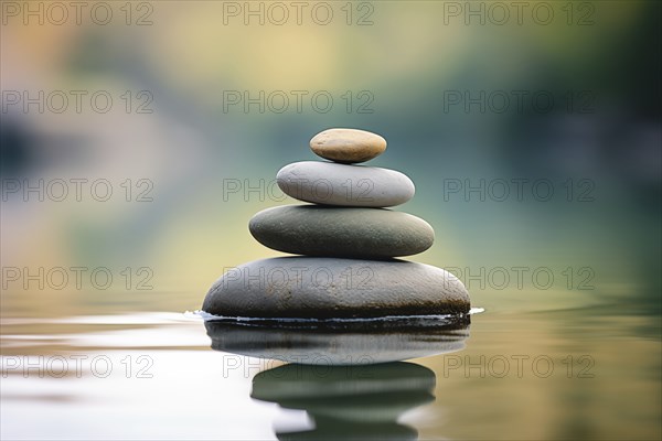 Stack of zen stones on water with a nature background. The image conveys a sense of balance, harmony, and peace. Suitable for use in wellness, therapy, and relaxation concepts, AI generated