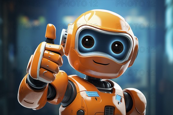 Orange robot showing a thumbs up gesture. The friendly robot has big round eyes and a friendly smile. Concept of artificial intelligence technology approval agreement, success, friendliness, AI generated