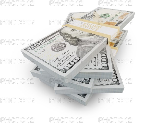 Stacks of one hundred dollar bills isolated on a white background