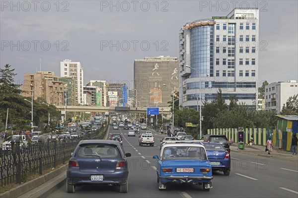 Cars driving on busy road in the city Addis Ababa, Addis Abeba, Oromia Region, Ethiopia, Africa