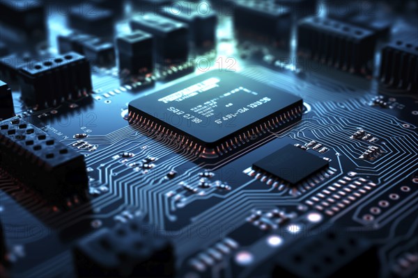 Close-up image of a blue circuit board with a central microchip processor CPU with various electronic components and connections. Technology, computer hardware, and manufacturing industries, AI generated