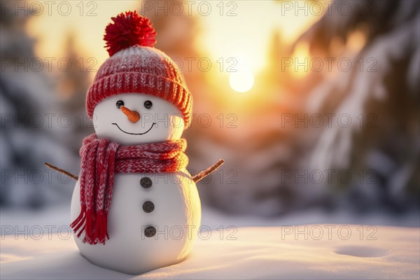 Smiling cute snowman with a red scarf and hat in a winter forest landscape at sunset. Concept the holiday season and cold weather, AI generated